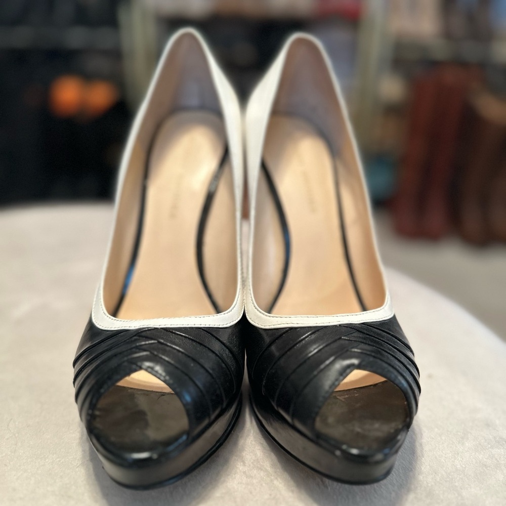 Audrey Brooke Black and White Peep Toe Heels